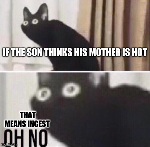 Oh no cat | IF THE SON THINKS HIS MOTHER IS HOT THAT MEANS INCEST | image tagged in oh no cat | made w/ Imgflip meme maker