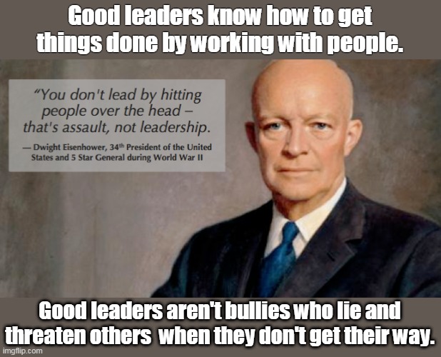 Real leaders don't blame everyone else. | Good leaders know how to get things done by working with people. Good leaders aren't bullies who lie and threaten others  when they don't get their way. | image tagged in eisenhower,some good gop,lead by example,no threats,no bullying,no lies | made w/ Imgflip meme maker