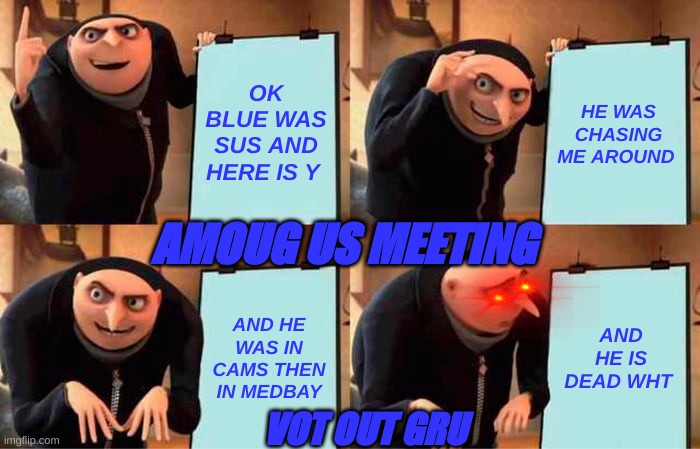 Gru's Plan | OK BLUE WAS SUS AND HERE IS Y; HE WAS CHASING ME AROUND; AMOUG US MEETING; AND HE WAS IN CAMS THEN IN MEDBAY; AND HE IS DEAD WHT; VOT OUT GRU | image tagged in memes,gru's plan | made w/ Imgflip meme maker