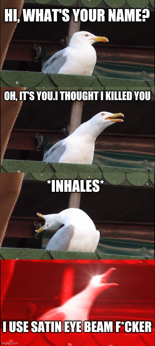 Inhaling Seagull | HI, WHAT'S YOUR NAME? OH, IT'S YOU.I THOUGHT I KILLED YOU; *INHALES*; I USE SATIN EYE BEAM F*CKER | image tagged in memes,inhaling seagull | made w/ Imgflip meme maker