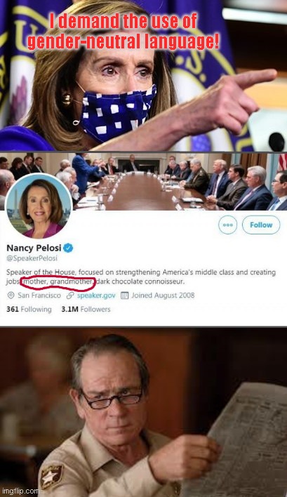 When you experience a "Hag, please!" moment courtesy of Nancy Pelosi | I demand the use of gender-neutral language! | image tagged in experiencing a hag please moment courtesy of nancy pelosi,nancy pelosi,tyrant,political correctness,hypocrisy,twitter | made w/ Imgflip meme maker