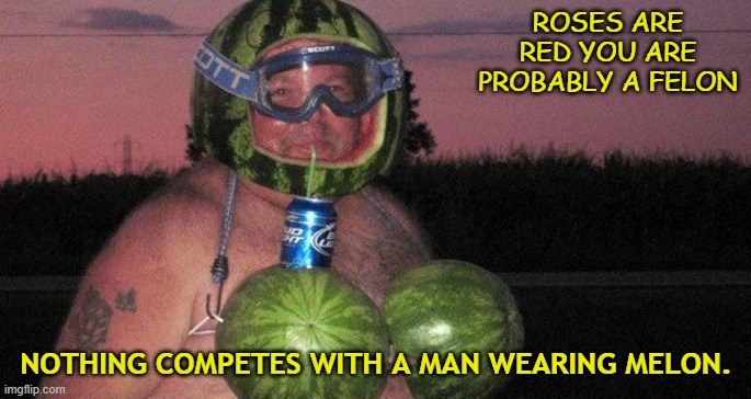 Melon man | ROSES ARE RED YOU ARE PROBABLY A FELON; NOTHING COMPETES WITH A MAN WEARING MELON. | image tagged in funny picture | made w/ Imgflip meme maker