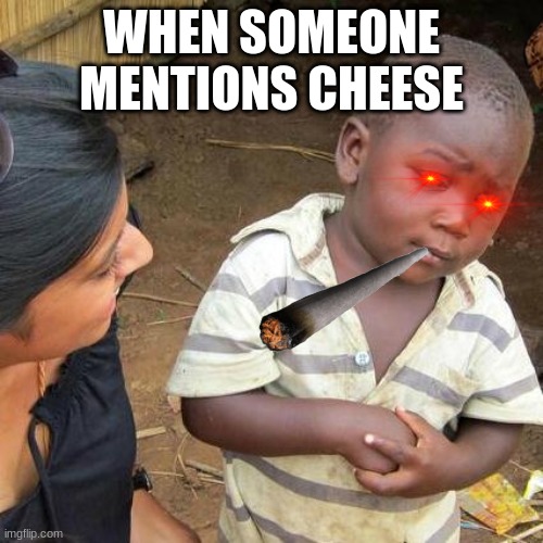 Third World Skeptical Kid | WHEN SOMEONE MENTIONS CHEESE | image tagged in memes,third world skeptical kid | made w/ Imgflip meme maker