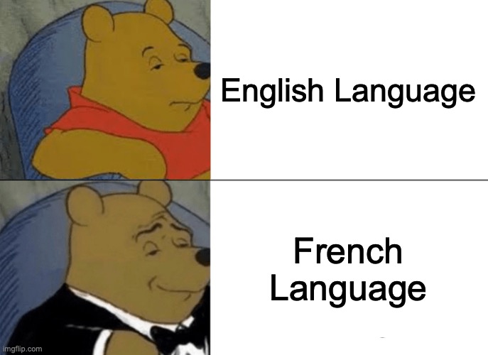 Tuxedo Winnie The Pooh | English Language; French Language | image tagged in memes,tuxedo winnie the pooh | made w/ Imgflip meme maker