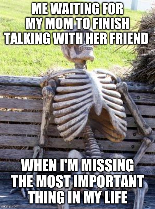 seriously tho | ME WAITING FOR MY MOM TO FINISH TALKING WITH HER FRIEND; WHEN I'M MISSING THE MOST IMPORTANT THING IN MY LIFE | image tagged in memes,waiting skeleton | made w/ Imgflip meme maker