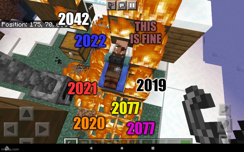 2042; THIS IS FINE; 2022; 2019; 2021; 2077; 2020; 2077 | image tagged in this is fine minecraft bed | made w/ Imgflip meme maker