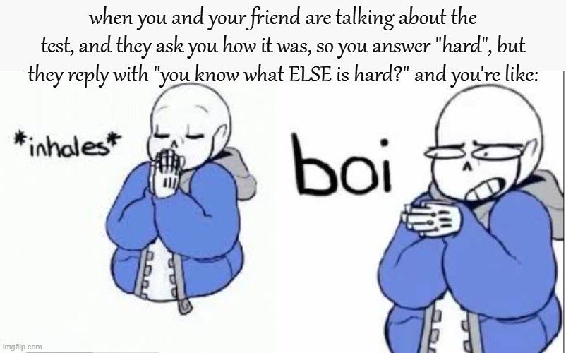 lel | when you and your friend are talking about the test, and they ask you how it was, so you answer "hard", but they reply with "you know what ELSE is hard?" and you're like: | image tagged in inhale boi sans | made w/ Imgflip meme maker