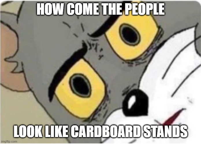 Tom looking at you werid | HOW COME THE PEOPLE LOOK LIKE CARDBOARD STANDS | image tagged in tom looking at you werid | made w/ Imgflip meme maker