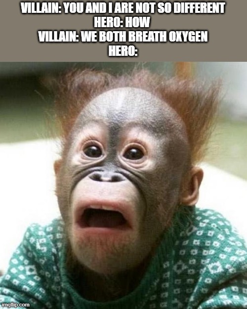 Shocked Monkey | VILLAIN: YOU AND I ARE NOT SO DIFFERENT
HERO: HOW 
VILLAIN: WE BOTH BREATH OXYGEN
HERO: | image tagged in shocked monkey | made w/ Imgflip meme maker