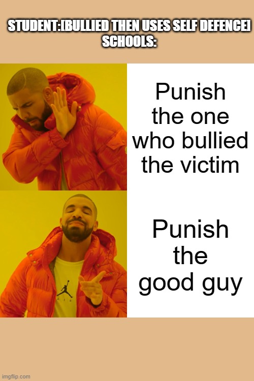 Drake Hotline Bling | STUDENT:[BULLIED THEN USES SELF DEFENCE]
SCHOOLS:; Punish the one who bullied the victim; Punish the good guy | image tagged in memes,drake hotline bling | made w/ Imgflip meme maker