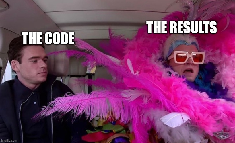 Code Results | THE RESULTS; THE CODE | image tagged in comparison | made w/ Imgflip meme maker