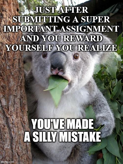 Surprised Koala | JUST AFTER SUBMITTING A SUPER IMPORTANT ASSIGNMENT AND YOU REWARD YOURSELF YOU REALIZE; YOU'VE MADE A SILLY MISTAKE | image tagged in memes,surprised koala | made w/ Imgflip meme maker