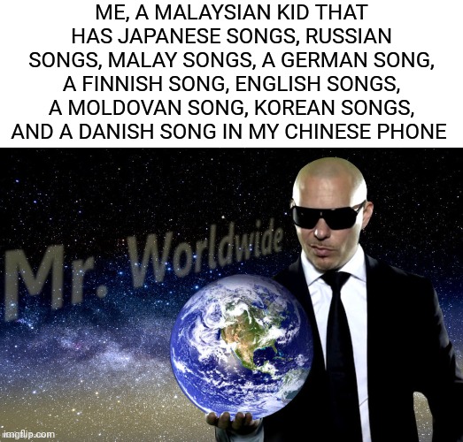 I'm not joking when I say I have those songs in my playlist | ME, A MALAYSIAN KID THAT HAS JAPANESE SONGS, RUSSIAN SONGS, MALAY SONGS, A GERMAN SONG, A FINNISH SONG, ENGLISH SONGS, A MOLDOVAN SONG, KOREAN SONGS, AND A DANISH SONG IN MY CHINESE PHONE | image tagged in mr worldwide | made w/ Imgflip meme maker