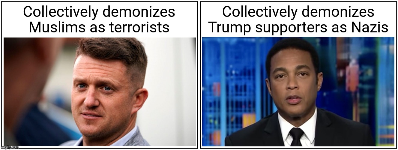 Both the right and the left have bigots (Tommy Robinson vs Don Lemon) | Collectively demonizes Muslims as terrorists; Collectively demonizes Trump supporters as Nazis | image tagged in memes,liberal hypocrisy,conservative hypocrisy,cnn fake news,islamophobia | made w/ Imgflip meme maker