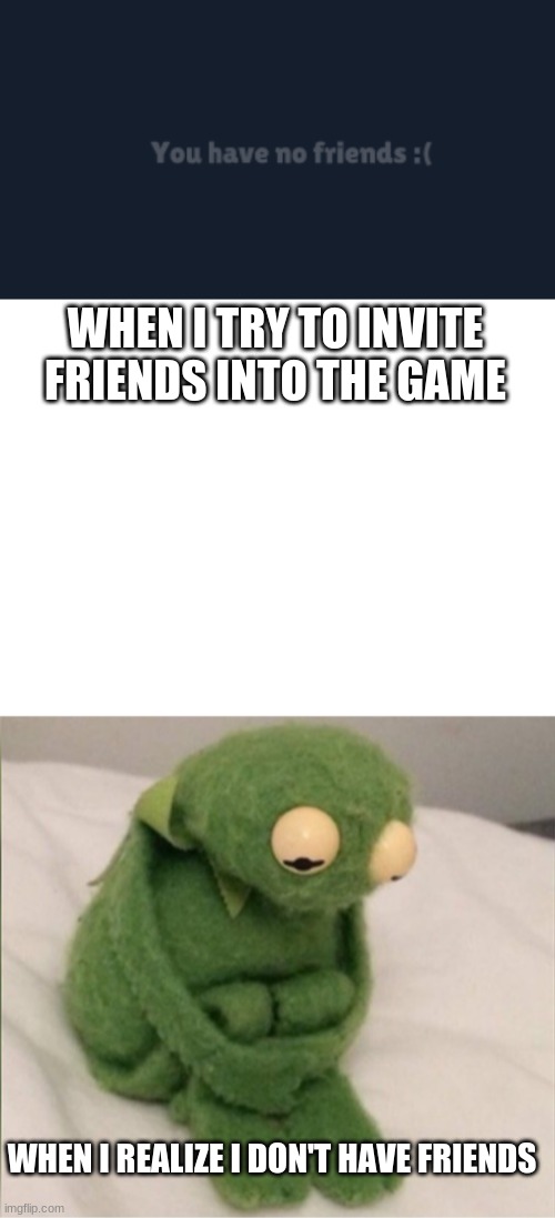 WHEN I TRY TO INVITE FRIENDS INTO THE GAME; WHEN I REALIZE I DON'T HAVE FRIENDS | image tagged in blank white template | made w/ Imgflip meme maker