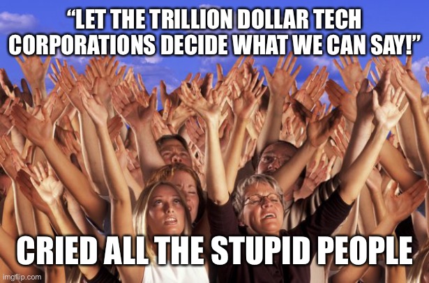 The people who tell you corporations are evil are same clowns pushing for this... | “LET THE TRILLION DOLLAR TECH CORPORATIONS DECIDE WHAT WE CAN SAY!”; CRIED ALL THE STUPID PEOPLE | image tagged in censorship,corporations,idiots,democrats | made w/ Imgflip meme maker
