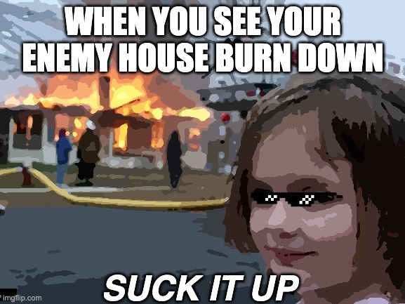 Disaster Girl | WHEN YOU SEE YOUR ENEMY HOUSE BURN DOWN; SUCK IT UP | image tagged in memes,disaster girl | made w/ Imgflip meme maker