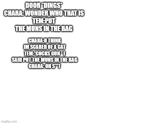 a joke | DOOR *DINGS*
CHARA: WONDER WHO THAT IS
TEM:PUT THE MUNS IN THE BAG; CHARA:U THINK IM SCARED OF A CAT
TEM:*COCKS GUN * I SAID PUT THE MUNS IN THE BAG
CHARA: OH S**T | image tagged in blank white template | made w/ Imgflip meme maker