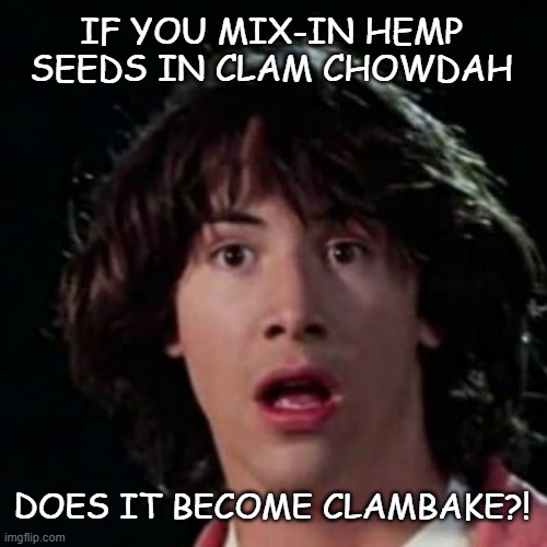 Yes Way!! | IF YOU MIX-IN HEMP SEEDS IN CLAM CHOWDAH; DOES IT BECOME CLAMBAKE?! | image tagged in keanu reeves | made w/ Imgflip meme maker
