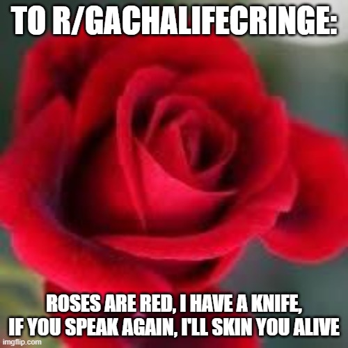 that subreddit is horrible | TO R/GACHALIFECRINGE:; ROSES ARE RED, I HAVE A KNIFE, IF YOU SPEAK AGAIN, I'LL SKIN YOU ALIVE | image tagged in roses are red | made w/ Imgflip meme maker
