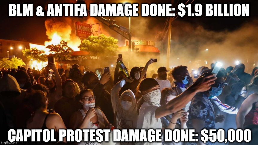 Just some perspective on things... | BLM & ANTIFA DAMAGE DONE: $1.9 BILLION; CAPITOL PROTEST DAMAGE DONE: $50,000 | image tagged in trump,biden,election | made w/ Imgflip meme maker