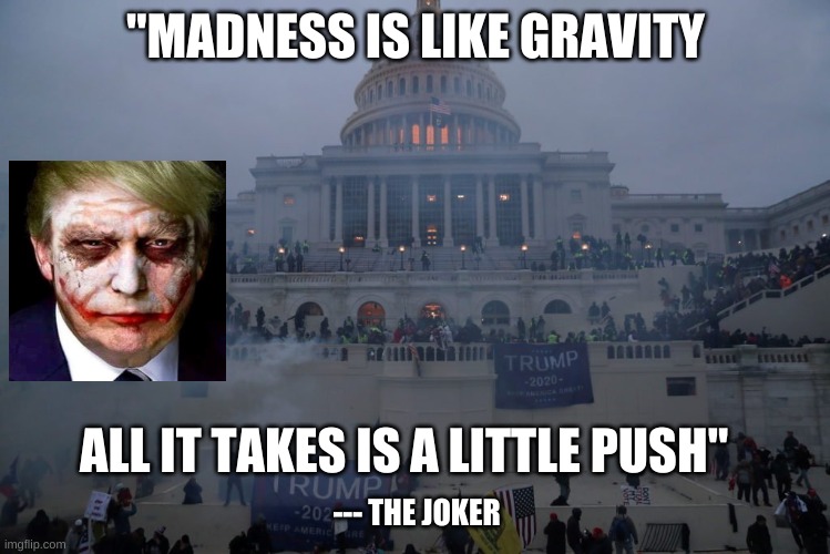 He fiddled, while Rome burned |  "MADNESS IS LIKE GRAVITY; ALL IT TAKES IS A LITTLE PUSH"; --- THE JOKER | image tagged in trump,the joker | made w/ Imgflip meme maker