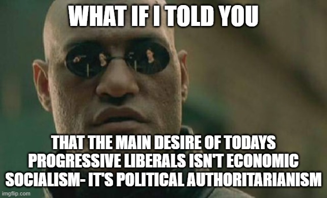 Matrix Morpheus | WHAT IF I TOLD YOU; THAT THE MAIN DESIRE OF TODAYS PROGRESSIVE LIBERALS ISN'T ECONOMIC SOCIALISM- IT'S POLITICAL AUTHORITARIANISM | image tagged in memes,matrix morpheus | made w/ Imgflip meme maker