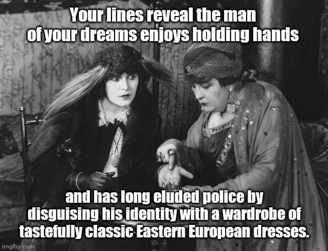 Gypsy fortune teller | Your lines reveal the man of your dreams enjoys holding hands; and has long eluded police by disguising his identity with a wardrobe of tastefully classic Eastern European dresses. | image tagged in gypsy fortune teller,humor | made w/ Imgflip meme maker