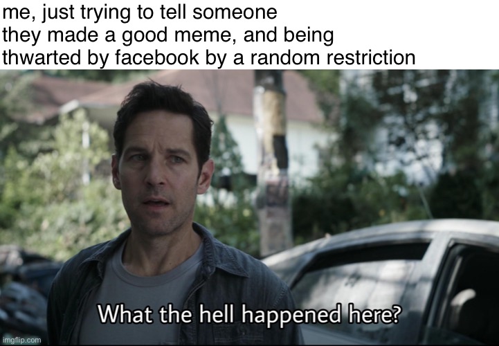 ahaha help | me, just trying to tell someone they made a good meme, and being thwarted by facebook by a random restriction | image tagged in what the hell happened here,facebook,facebook jail | made w/ Imgflip meme maker