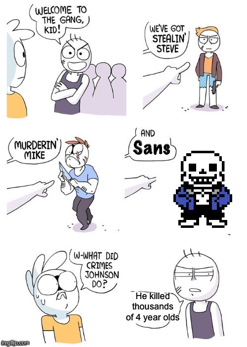 thats A lotta resets | Sans; He killed thousands of 4 year olds | image tagged in sans undertale,undertale sans,frisk,chara,crimes johnson,memes | made w/ Imgflip meme maker