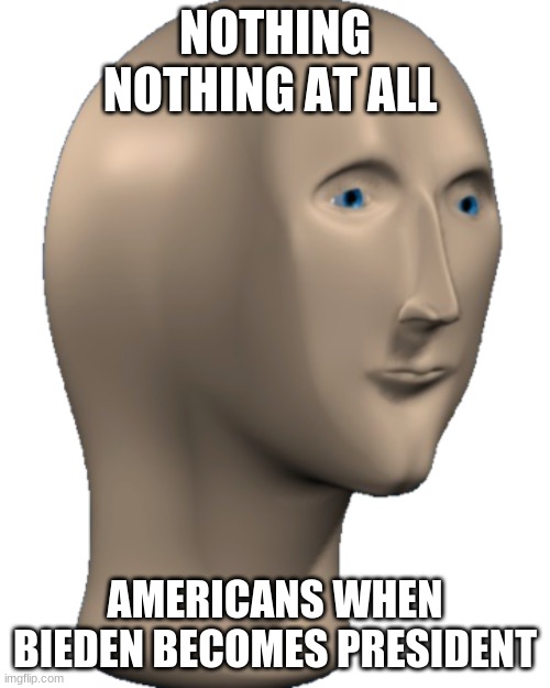 Meme Man |  NOTHING NOTHING AT ALL; AMERICANS WHEN BIEDEN BECOMES PRESIDENT | image tagged in meme man | made w/ Imgflip meme maker