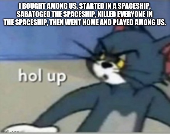 Hol up | I BOUGHT AMONG US, STARTED IN A SPACESHIP, SABATOGED THE SPACESHIP, KILLED EVERYONE IN THE SPACESHIP, THEN WENT HOME AND PLAYED AMONG US. | image tagged in hol up | made w/ Imgflip meme maker