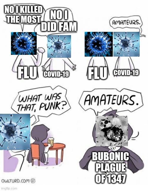 Bubonic Plague, the one who killed the most | NO I KILLED THE MOST; NO I DID FAM; COVID-19; FLU; FLU; COVID-19; BUBONIC PLAGUE OF 1347 | image tagged in amateurs,memes,so true memes,coronavirus meme,covid-19,coronavirus | made w/ Imgflip meme maker