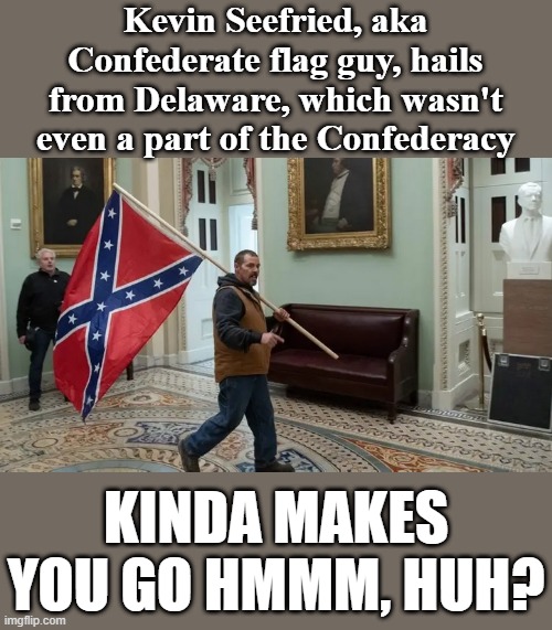 Things that make you go: hmmm, maybe this flag really is about white supremacy & treason rather than "Southern Pride" after all | Kevin Seefried, aka Confederate flag guy, hails from Delaware, which wasn't even a part of the Confederacy; KINDA MAKES YOU GO HMMM, HUH? | image tagged in jan 6 2021,confederate flag,riot,treason,white supremacy,maga | made w/ Imgflip meme maker