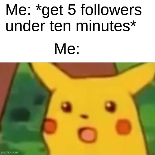 ; - ; | Me: *get 5 followers under ten minutes*; Me: | image tagged in memes,surprised pikachu | made w/ Imgflip meme maker