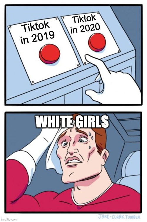 Two Buttons | Tiktok in 2020; Tiktok in 2019; WHITE GIRLS | image tagged in memes,two buttons | made w/ Imgflip meme maker