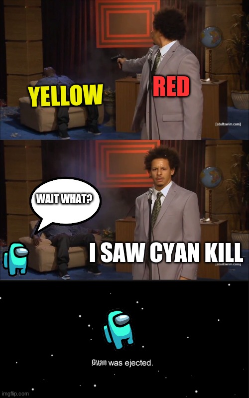 RED; YELLOW; WAIT WHAT? I SAW CYAN KILL; Cyan | image tagged in memes,who killed hannibal | made w/ Imgflip meme maker
