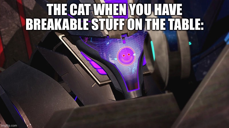 Seriously though what is it with cats and knocking stuff down? | THE CAT WHEN YOU HAVE BREAKABLE STUFF ON THE TABLE: | image tagged in smiley-wave,cats,transformers,soundwave,knocking stuff down | made w/ Imgflip meme maker