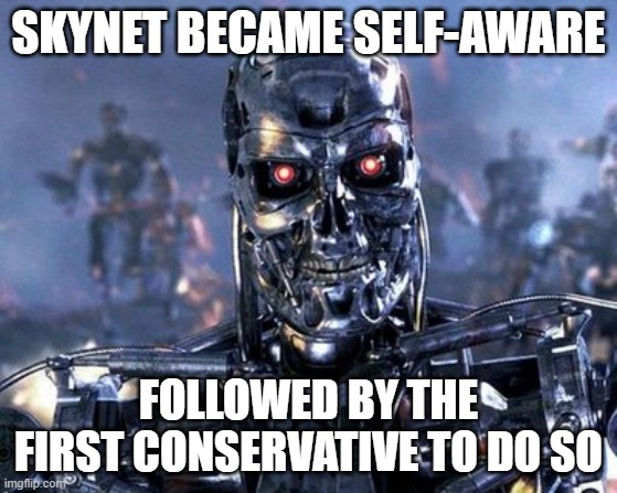Skynet is here | SKYNET BECAME SELF-AWARE FOLLOWED BY THE FIRST CONSERVATIVE TO DO SO | image tagged in skynet is here | made w/ Imgflip meme maker