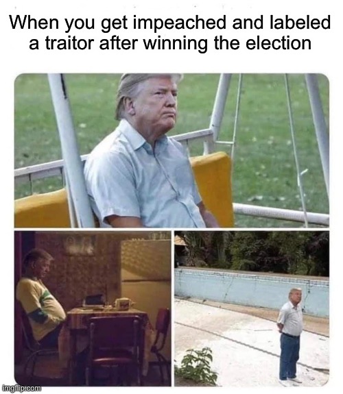 Ironic. | When you get impeached and labeled a traitor after winning the election | image tagged in sad sad trump,memes,trump 2020,trump 2024,new normal,election 2020 | made w/ Imgflip meme maker