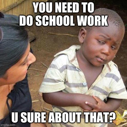 Me and a teacher | YOU NEED TO DO SCHOOL WORK; U SURE ABOUT THAT? | image tagged in memes,third world skeptical kid | made w/ Imgflip meme maker