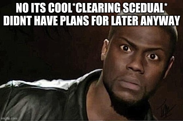 Kevin Hart Meme | NO ITS COOL*CLEARING SCEDUAL* DIDNT HAVE PLANS FOR LATER ANYWAY | image tagged in memes,kevin hart | made w/ Imgflip meme maker