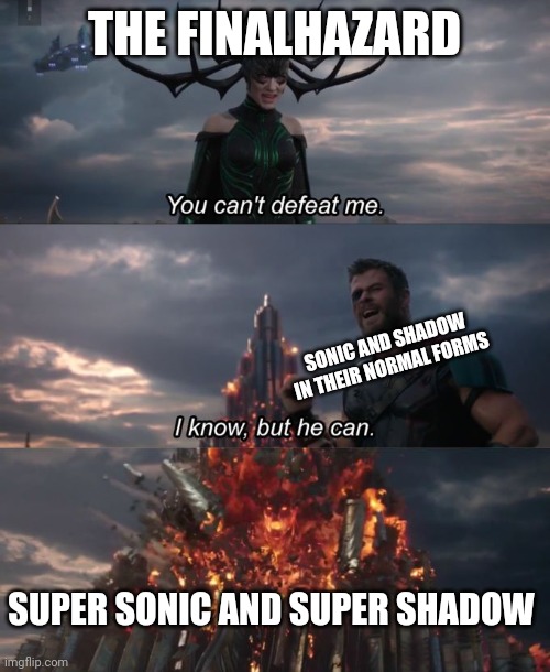 FINAL BOSS OF SA2 IN A NUTSHELL | THE FINALHAZARD; SONIC AND SHADOW
IN THEIR NORMAL FORMS; SUPER SONIC AND SUPER SHADOW | image tagged in you can't defeat me,video games,gaming,sonic adventure 2,memes,dank memes | made w/ Imgflip meme maker
