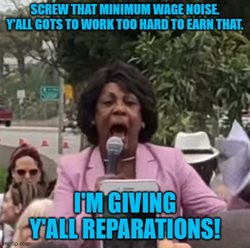 Maxine Waters | SCREW THAT MINIMUM WAGE NOISE. Y'ALL GOTS TO WORK TOO HARD TO EARN THAT. I'M GIVING Y'ALL REPARATIONS! | image tagged in maxine waters | made w/ Imgflip meme maker