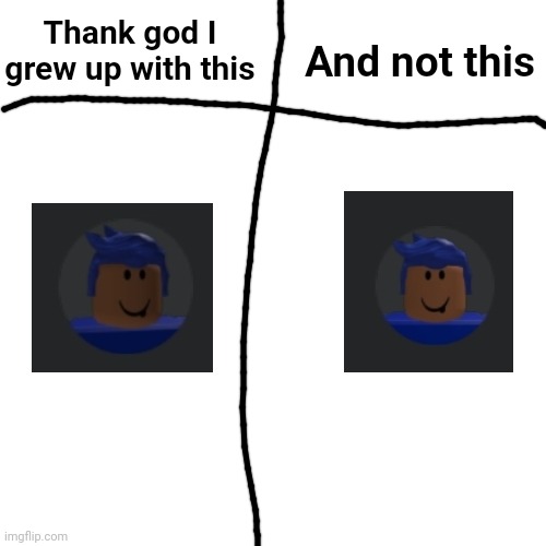 Roblox made it that profile pictures are now staring at your soul | Thank god I grew up with this; And not this | image tagged in memes,blank transparent square,roblox,mugshot,stare,thank god | made w/ Imgflip meme maker