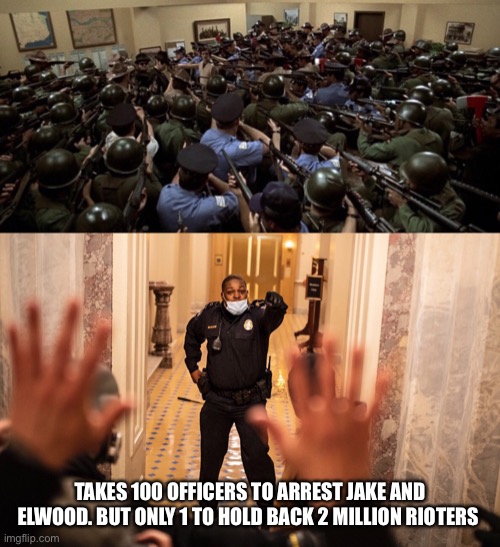Blues Brothers take Capital | TAKES 100 OFFICERS TO ARREST JAKE AND ELWOOD. BUT ONLY 1 TO HOLD BACK 2 MILLION RIOTERS | image tagged in funny memes | made w/ Imgflip meme maker