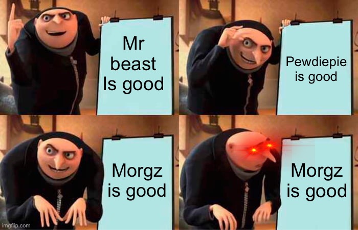 The good and bad | Mr beast Is good; Pewdiepie is good; Morgz is good; Morgz is good | image tagged in memes,gru's plan | made w/ Imgflip meme maker