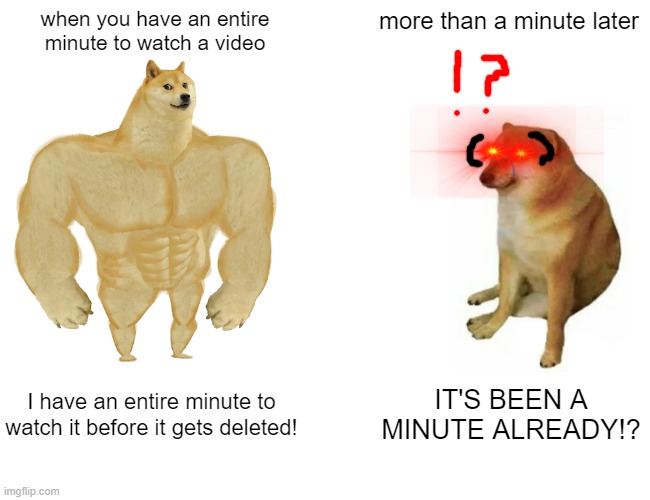 Buff Doge vs. Cheems Meme | when you have an entire minute to watch a video; more than a minute later; I have an entire minute to watch it before it gets deleted! IT'S BEEN A MINUTE ALREADY!? | image tagged in memes,buff doge vs cheems | made w/ Imgflip meme maker