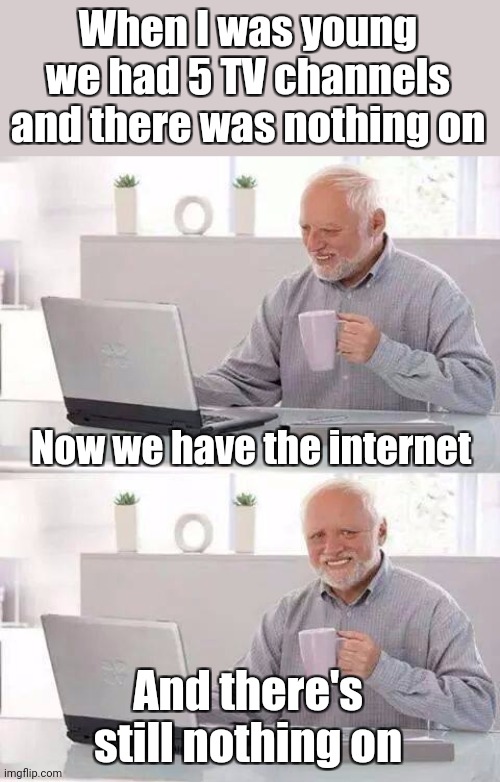 Nothing changes | When I was young we had 5 TV channels and there was nothing on; Now we have the internet; And there's still nothing on | image tagged in memes,hide the pain harold,television,internet | made w/ Imgflip meme maker