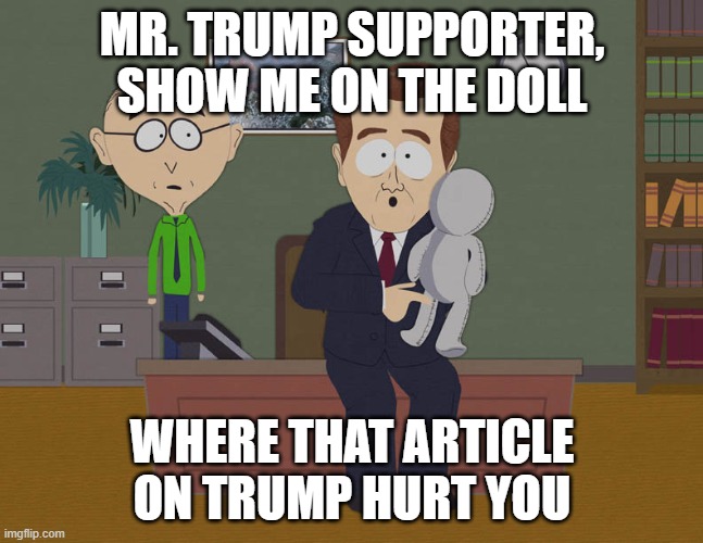 South Park doll | MR. TRUMP SUPPORTER, SHOW ME ON THE DOLL; WHERE THAT ARTICLE ON TRUMP HURT YOU | image tagged in south park doll | made w/ Imgflip meme maker